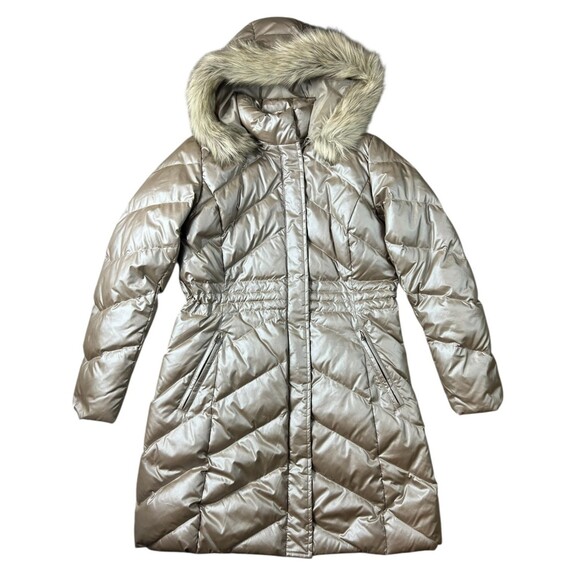 Talbots Fur Trim Hooded Down Puffer Coat  Size S  Soft Gold  Winter Parka - Picture 1 of 14
